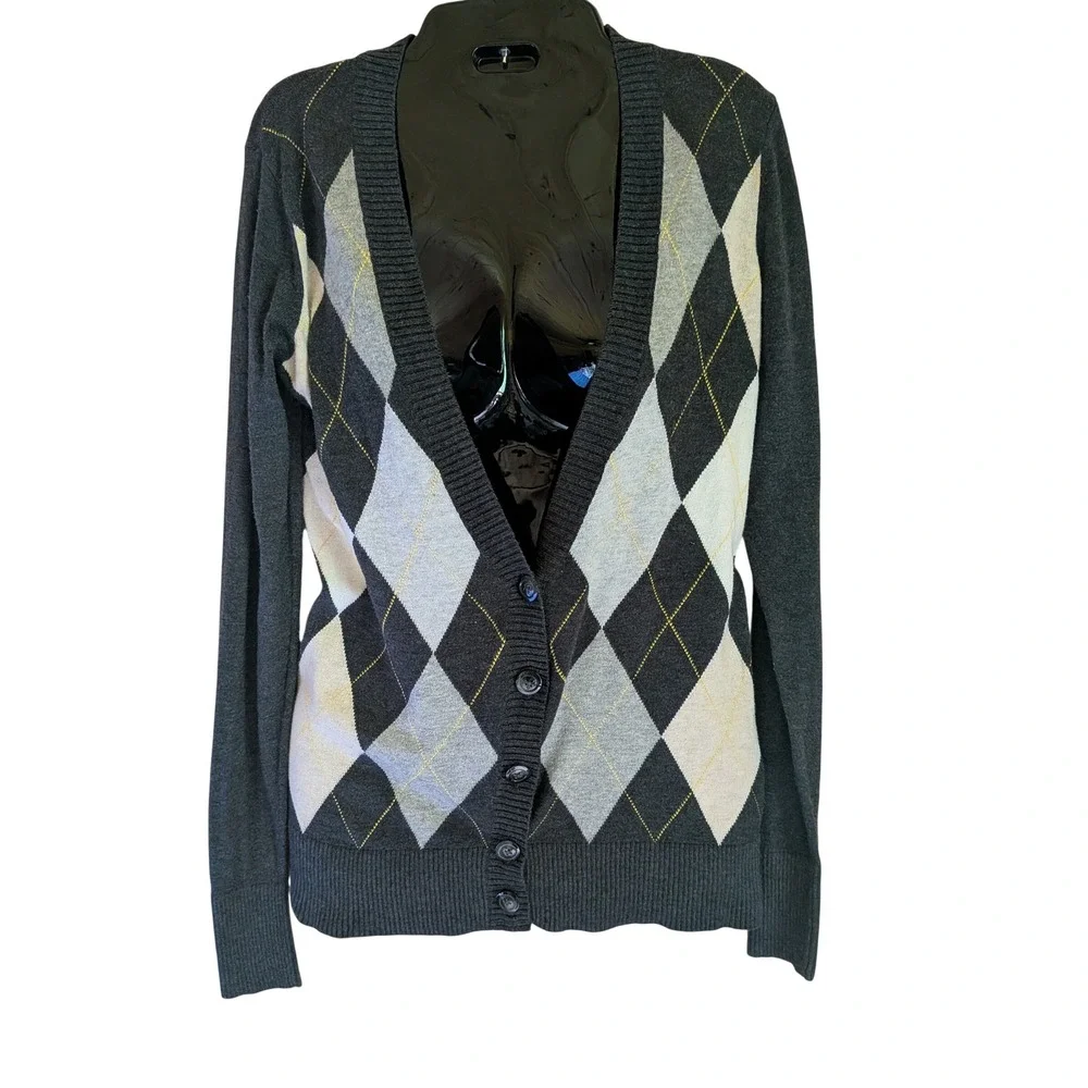 Old Navy Cardigan Women S 2010s Y2K Preppy Academic Argyle Knit V-Neck Layering